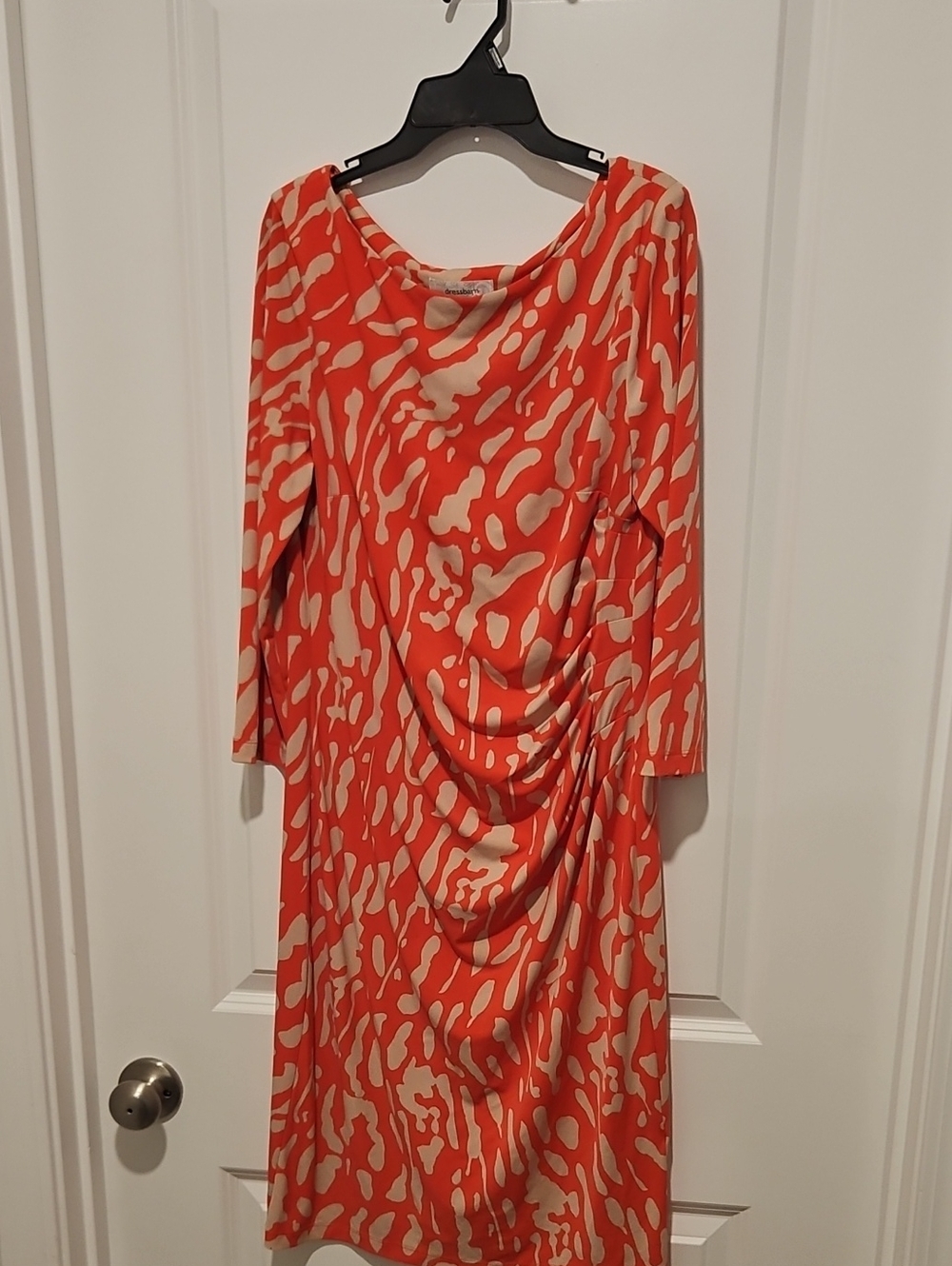 Dressbarn Orange and Cream Printed Draped Midi Dress